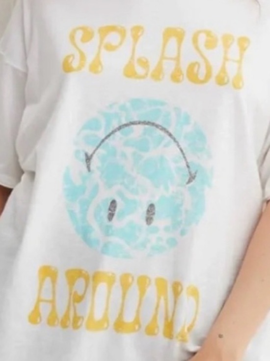 aerie Tops - Aerie White 'Splash Around' Graphic Boyfriend Tee with Aqua Smiley